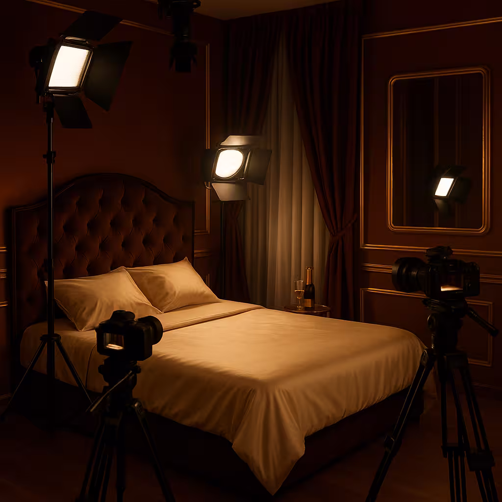 Bedroom with bed in front with warm cinematic lighting and fixed set cameras