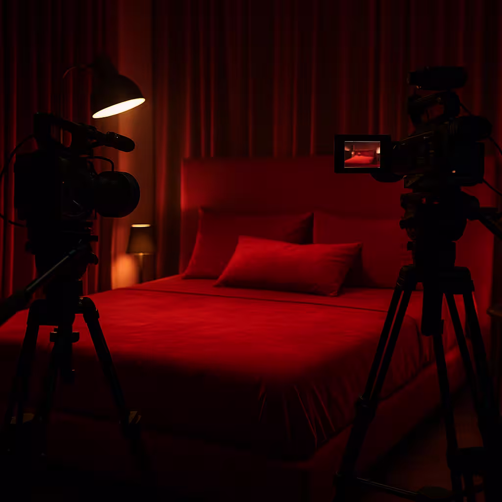 Red bed with warm cinematic lighting and fixed set cameras