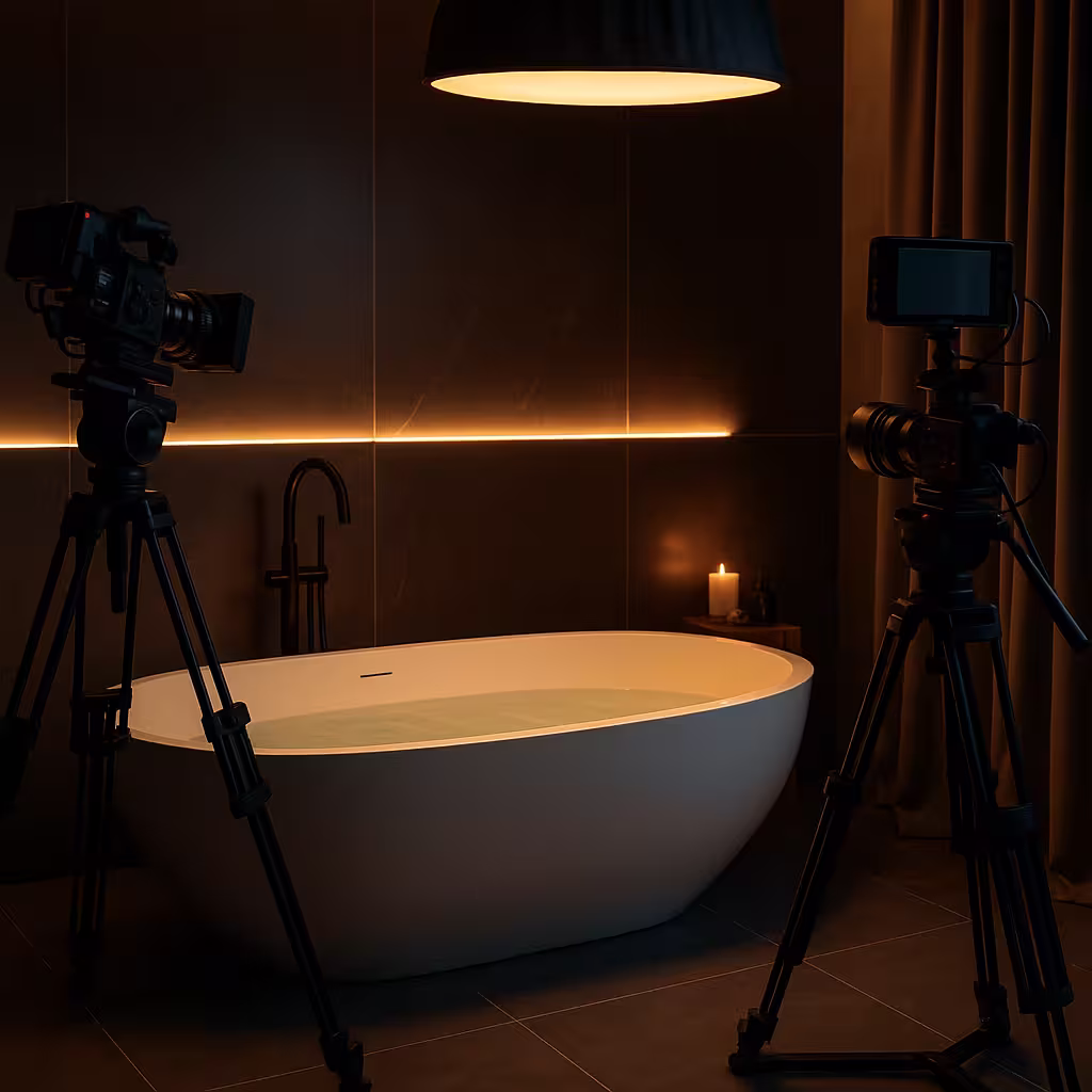 Modern bath tub with warm cinematic lighting and fixed set cameras
