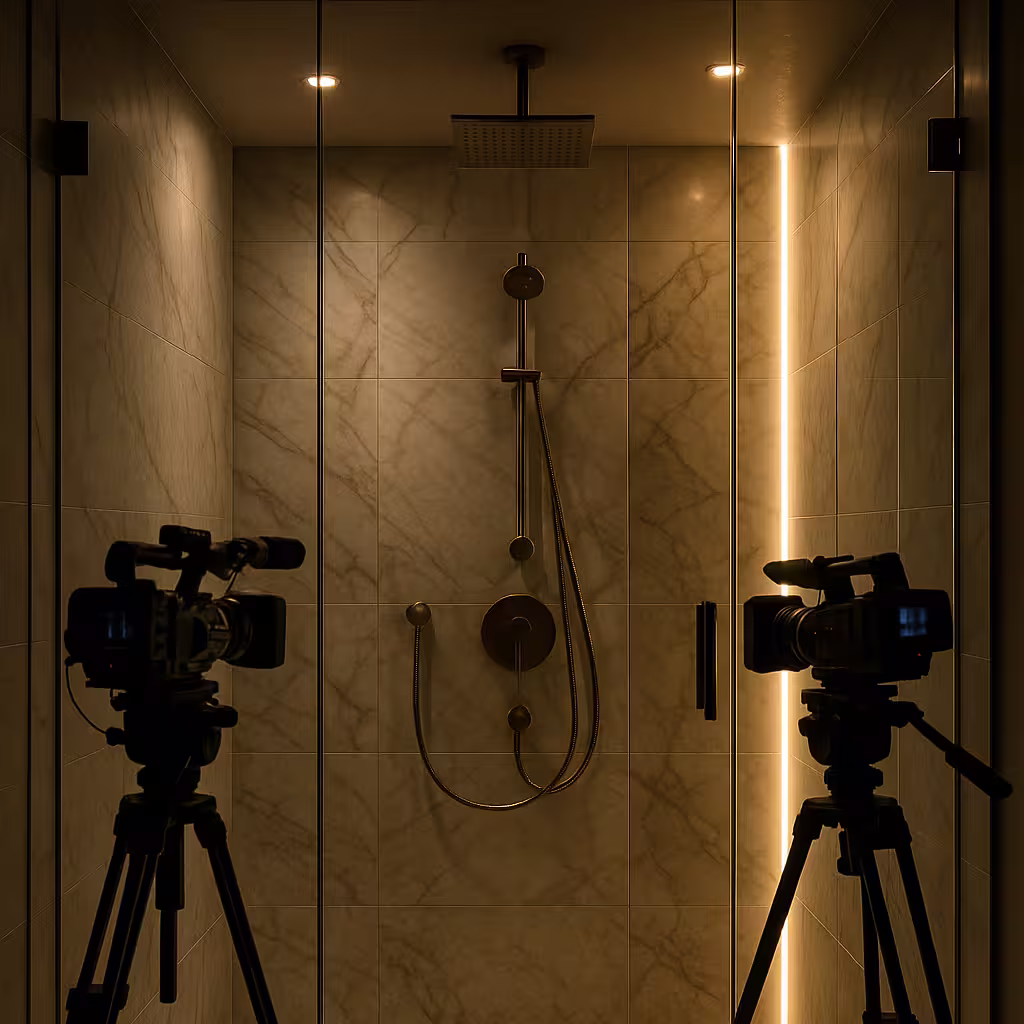 Modern shower with warm cinematic lighting and fixed set cameras