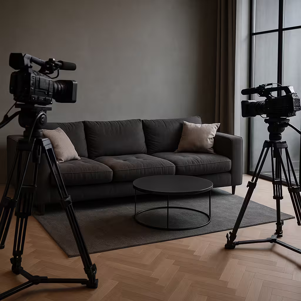 Luxury living room with soft lighting and visible filming cameras