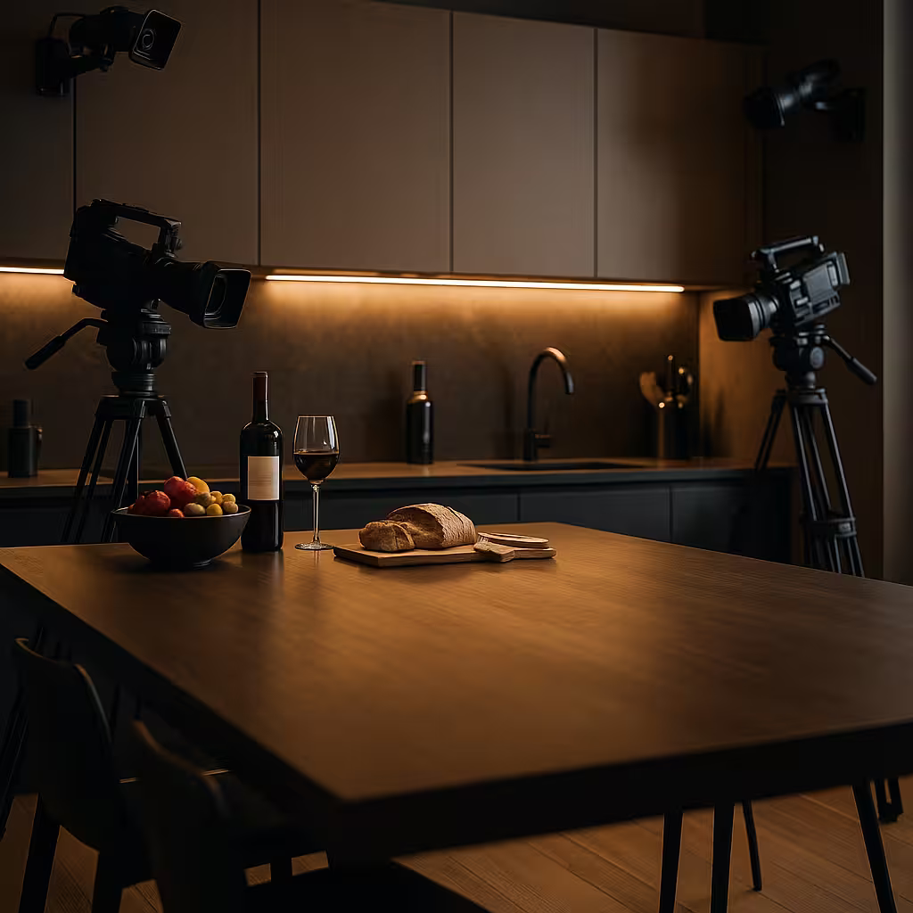 Modern kitchen, empty table in foreground, visible filming cameras